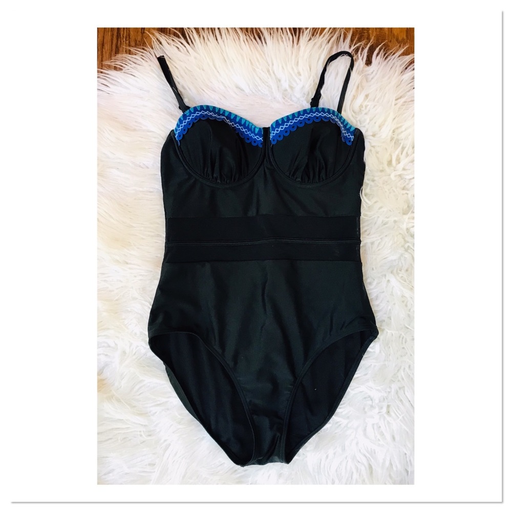 Seekers Australia One Piece Swimsuit Sheer Middle Black & Blue Women’s Size 10